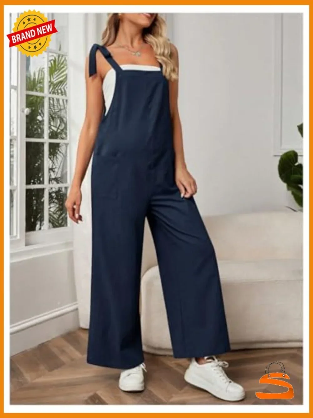 Maternity Front Pocket Jumpsuit Knot Shoulder Strap Sleeveless Wide Leg Overalls